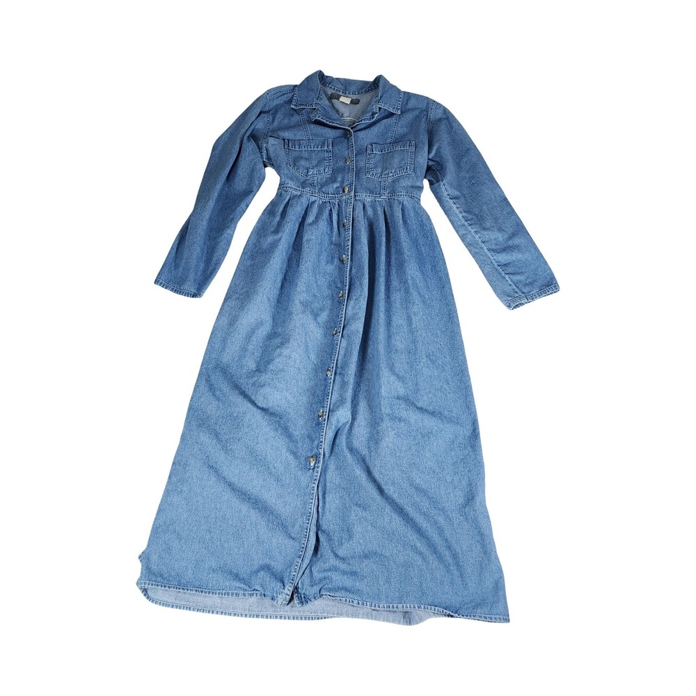 Vintag3 Upper West Side Blue Denim Maxi Dress Long Sleeve Button Medium